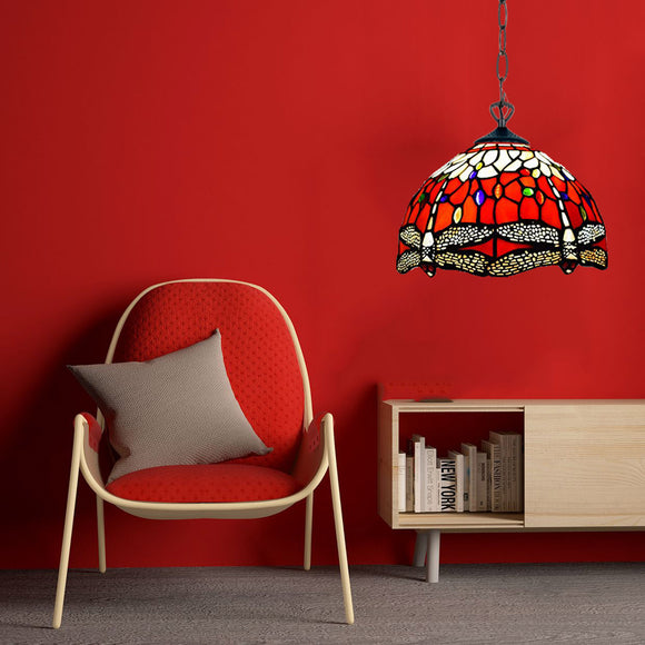 RED Tiffany Style Pendant Lamps With Dragonfly Design Handcraft Glass for Living Room Decoration