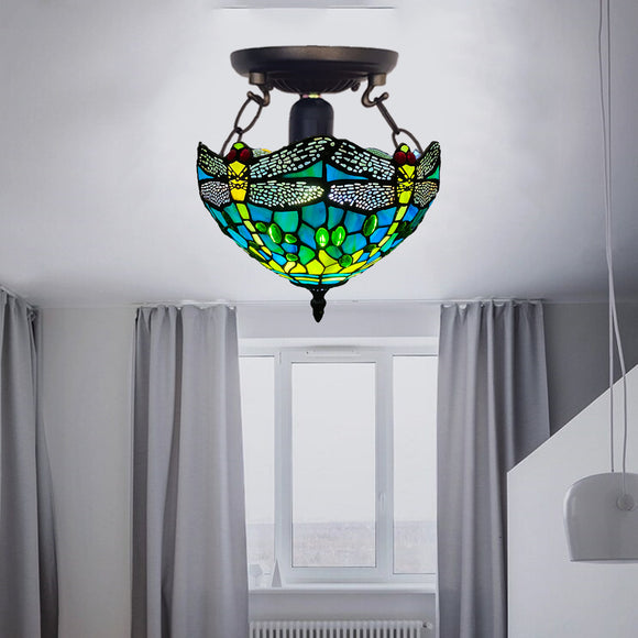 Green Dragonfly Tiffany Style Ceiling Light Handcraft Glass Living Room Bulb E27