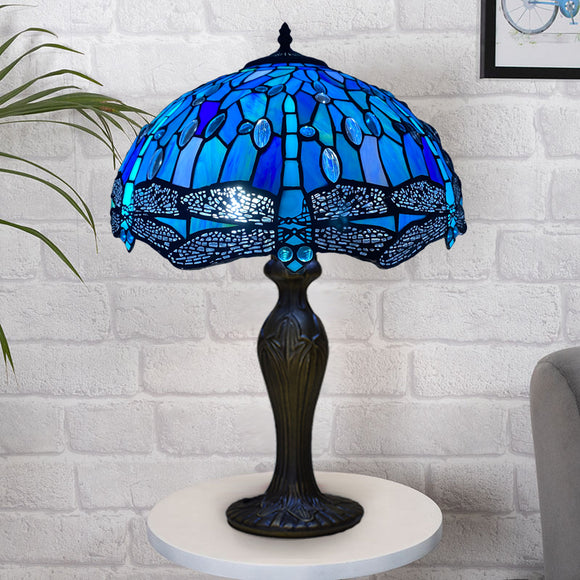 Tiffany Blue Dragonfly Style Table Lamp 16 inch Stained Glass Shade Handcrafted