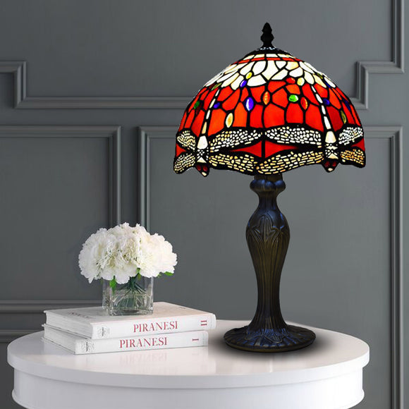RED Tiffany Table Lamp With Dragonfly Design Hand Craft Glass 10 Inch for Living Room Decoration Desk