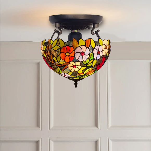 Tiffany 16-inch Multicolored Flowered Style Ceiling Lamp Stained Glass Shade UK