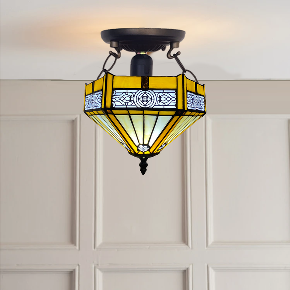 Antique Yellow Hexagon Tiffany Style Ceiling Light Stained Glass Shade Bulb E27 UK