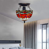 RED Tiffany Style Ceiling Light With Dragonfly Design Handcraft Glass for Living Room Decoration