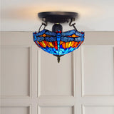 Tiffany Antique Blue Dragonfly Style 16 Inch Stained Glass Ceiling Shade Lamp UK