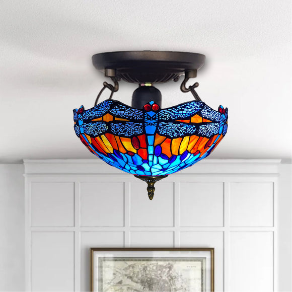 Tiffany Antique Blue Dragonfly Style 16 Inch Stained Glass Ceiling Shade Lamp UK